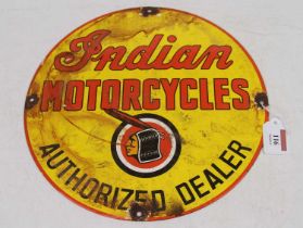 An Indian Motorcycles Dealer circular enamel advertising sign, dia.30cm