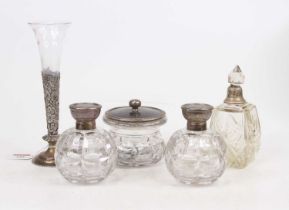 A set of three piquework and glass dressing table jars, Birmingham 1920; together with a Victorian