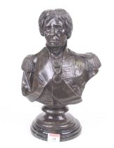 A bronzed metal head & shoulders bust of Lord Horatio Nelson, mounted to a black polished