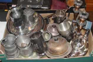 Two boxes of mixed metalware to include a pair of Sheffield plated table candlesticks, a Victorian