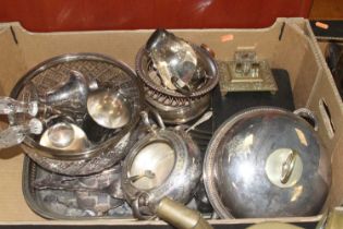 Two boxes of mixed metalware to include Sheffield plated wine coaster, Victorian copper range kettle