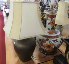 A large Chinese porcelain table lamp, enamel decorated with birds and flowers, h.67cm; together with