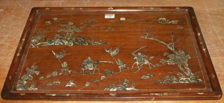 A Chinese mother of pearl inlaid hardwood tray, decorated with soldiers within a landscape, 39 x