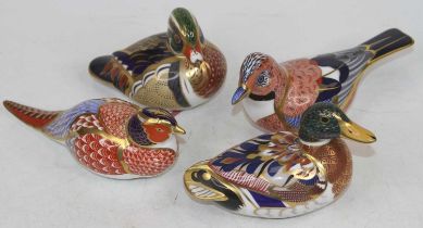 Four Royal Crown Derby models of birds, to include a Carolina duck, mallard, jay, and partridge, two