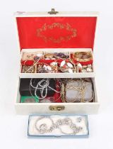 A jewellery box and contents of assorted costume, sundry commemorative and other coins etc