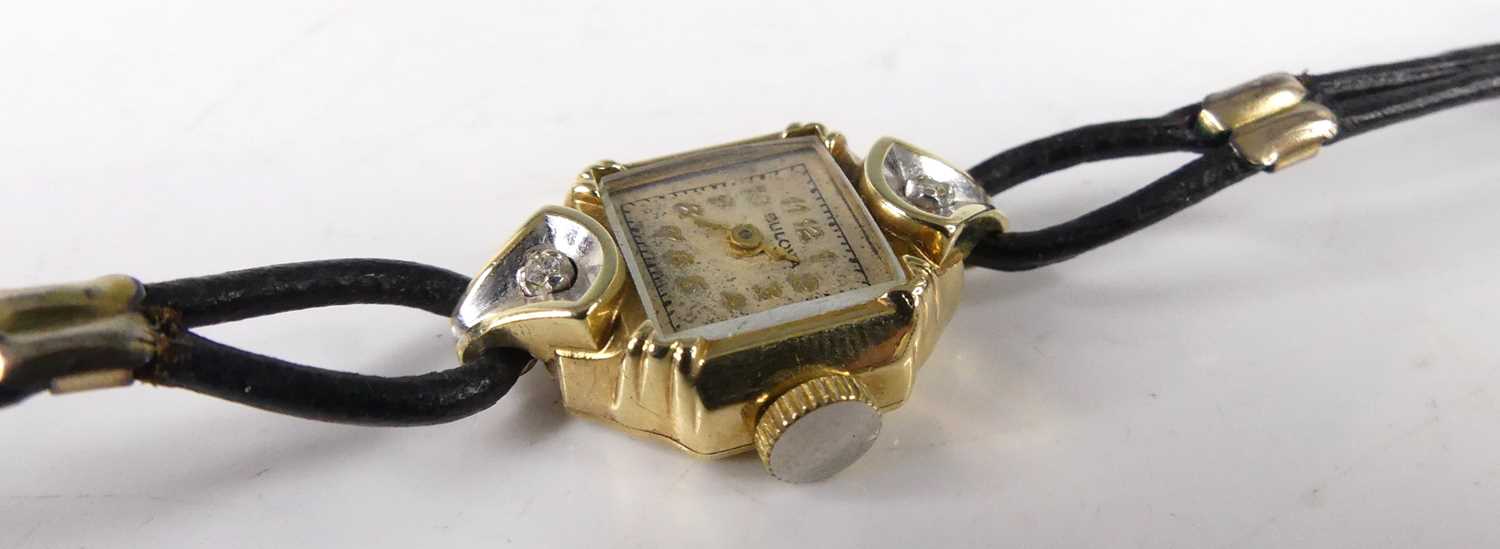 A lady's Bulova 14ct gold cased dress watch, the lugs each set with a small round cut diamond, the - Image 2 of 5