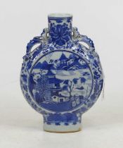 A Chinese blue & white porcelain moon flask, 19th century, underglaze decorated with a landscape,