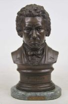 A 20th century bronzed metal bust of Ludwig van Beethoven, signed Lang to the reverse, mounted