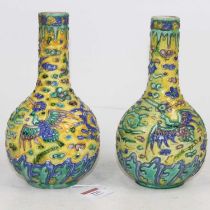 A pair of Japanese Kutani vases, each tube-line decorated with birds (a/f), h.20cm One cracked at