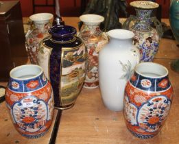 A collection of seven Japanese pottery vases, inc. pair of satsuma vases and pair of imari vases,