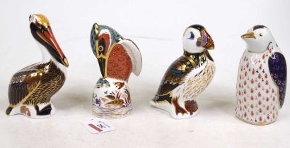 Three Royal Crown Derby models of birds, to include a puffin, kingfisher and brown pelican, one gold