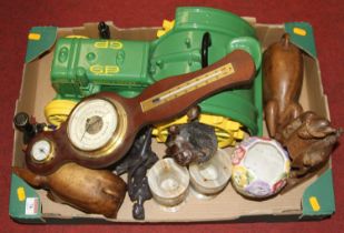 A collection of miscellaneous items to include carved hardwood model of a recumbent lion, novelty
