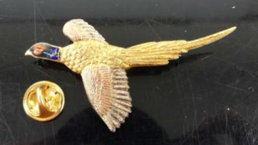 A modern 9ct three-colour gold and enamel set pheasant brooch, sponsor A&W, 9.4g, 6cm