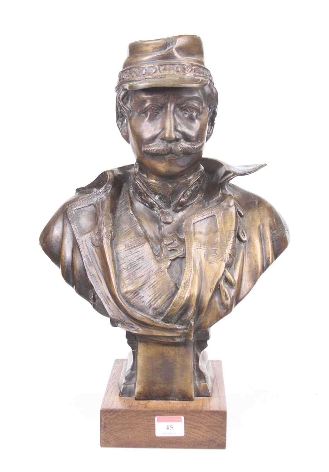 A bronzed metal head & shoulders bust of a French officer mounted to a rectangular wooden plinth, - Image 2 of 2