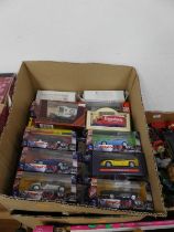 Two boxes of modern issue diecast and vintage Scalextric slot-cars and accessories