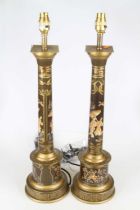 A pair of table lamps, each in the form of a column, chinoiserie decorated with figures, h.61cm