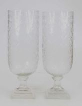 A pair of cut glass hurricane lamps, h.40cm