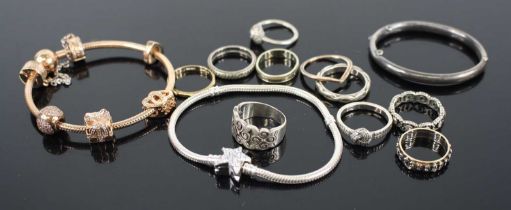 Assorted costume jewellery to include a Pandora charm bracelet with several paste set charms, one