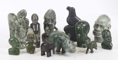 A collection of Zimbabwe green hardstone carvings