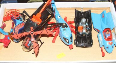 One box containing Corgi Batmobile, Bat Boat, Batcopter and Three CForgi Supoerman vehicles