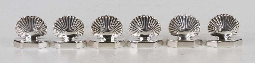 A set of six modern silver plated menu stands modelled as clam shells, width 5.5cm