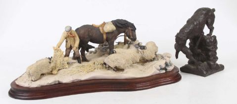 A Border Fine Arts resin farming scene, w.36cm; together with a bronzed model of a dog (2) Border