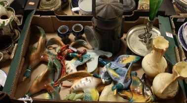 Miscellaneous items to include a pair of Doulton stoneware miniature vases, a coaching lamp and a