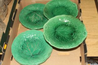 A collection of Victorian green glazed majolica leaf dishes Six plates in total.Diameter 22cm.Two