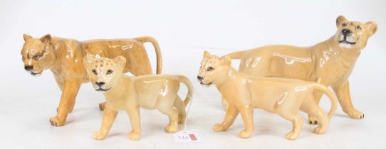 A Beswick model of a lioness, model No.2097, h.14cm; together with another and two Beswick lion cubs