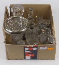 A collection of glassware to include cut glass scent bottles with silver rims, moulded glass vase