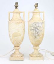 A pair of yellow polished hardstone table lamps, each in the form of an urn, h.47cm
