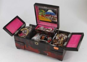 A Japan lacquered jewellery box and contents of assorted costume jewellery etc