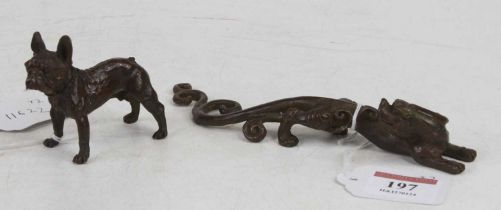 A bronzed metal figure of a French bulldog, h.6cm; together with another of a dragon, length 16cm