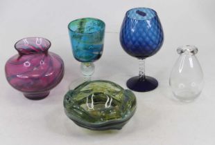 A 20th century art glass vase, of wrythen squat baluster form, the purple body with blue band