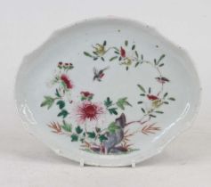 An 18th century Chinese porcelain famille rose dish, of canted oval shape, enamel decorated with