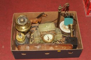 Miscellaneous items to include an onyx mantel clock, brass scales, oil lamps etc