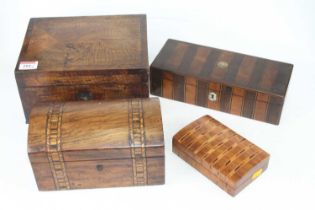 A 19th century figured oak jewellery box, the hinged lid opening to reveal a mirror and fitted