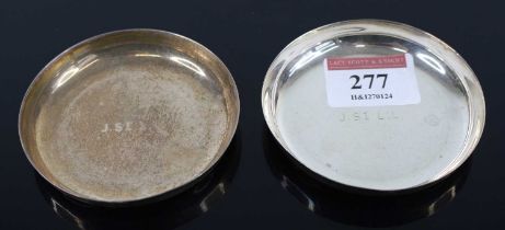 A pair of modern 925 silver coasters, each with engraved monogram otherwise undecorated, 67g, dia.