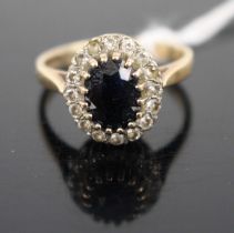 A modern 9ct gold, sapphire and moissanite set flower head cluster ring, 3.3g, size L Moissanites (