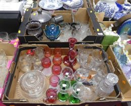 Two boxes of mainly vintage glassware, together with pewter tankards, examples to include a pair