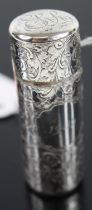 An Edwardian silver and engraved cylindrical scent bottle, with glass liner, 6.5cm