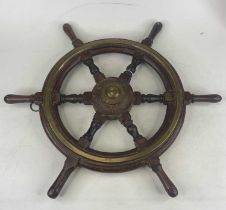 A 19th century brass bound mahogany ships wheel, dia.52cm