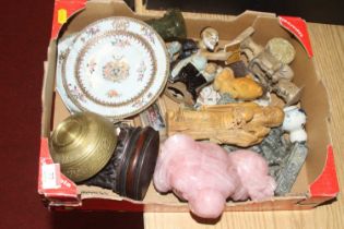 A collection of Asian items, to include Chinese hardstone carvings and a pair of Chinese armorial