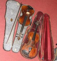 A cased student's violin, with bow; together with another (a/f)