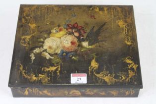 A Victorian black lacquered writing slope, the lid with gilt and floral decoration, w.26cm. Ivory