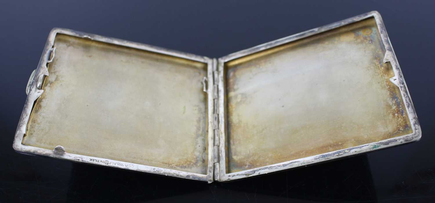 A white metal and engine turned pocket cigarette case, the hinged cover embossed with a pair of - Image 3 of 3