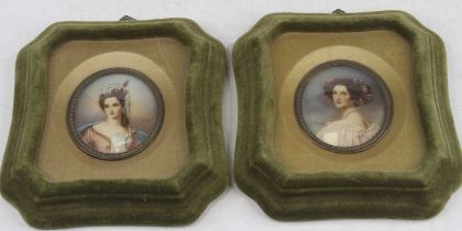 A pair of 20th century portrait miniatures of young ladies, signed indistinctly, each 6x5cm