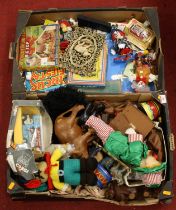 Two boxes of mixed toys to include diecast, puppets, soft toys, figures etc