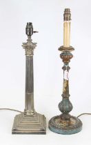 A silver plated table lamp in the form of a corinthian column, h.54cm; together with a continental