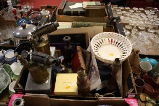 Miscellaneous items to include leather bound books, a Doulton figure Seaharvest, vintage brass lamps